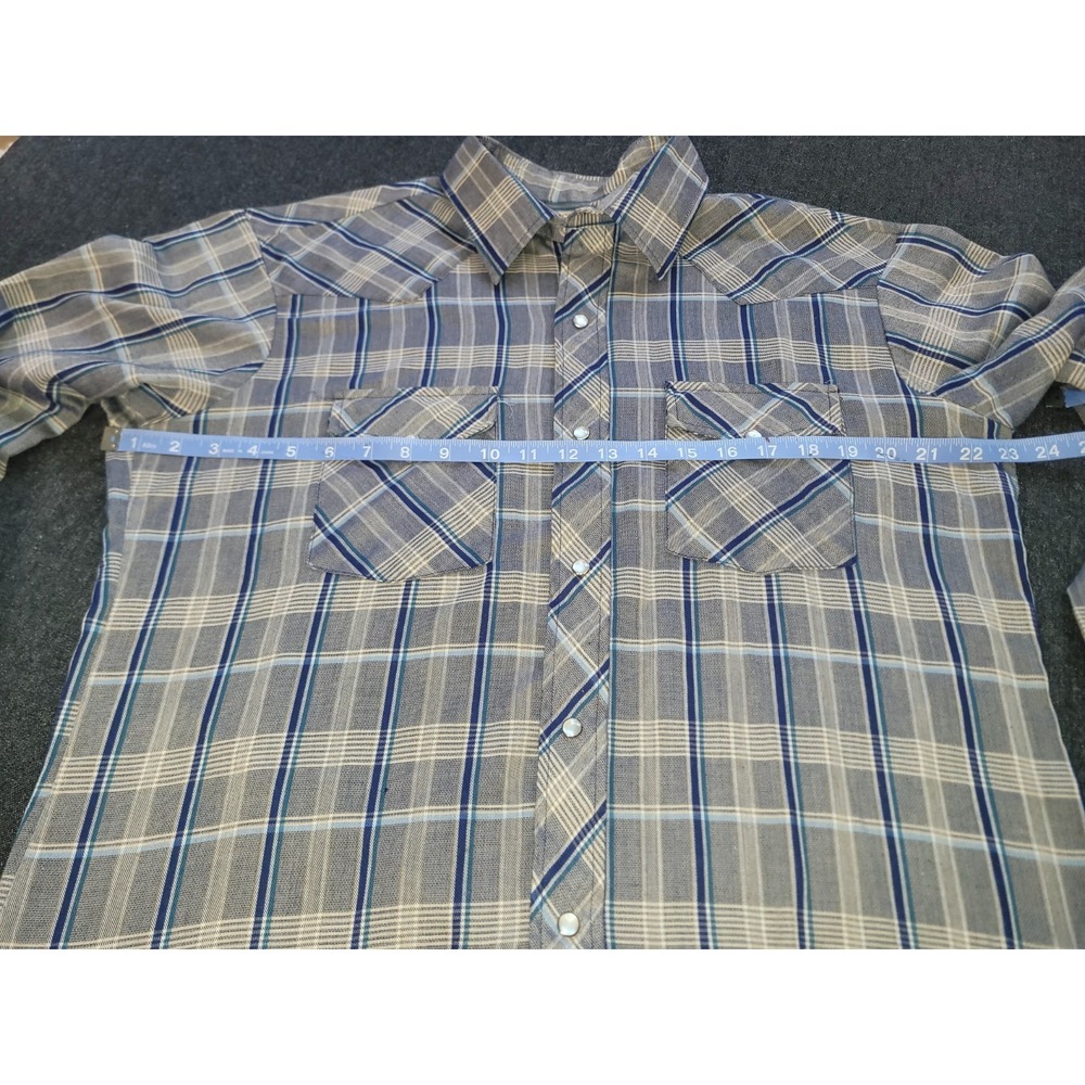 Vintage 70s Rancher Western Wear Mens Button Up Blue Plaid Pearl Snap Size L USA - Picture 9 of 13
